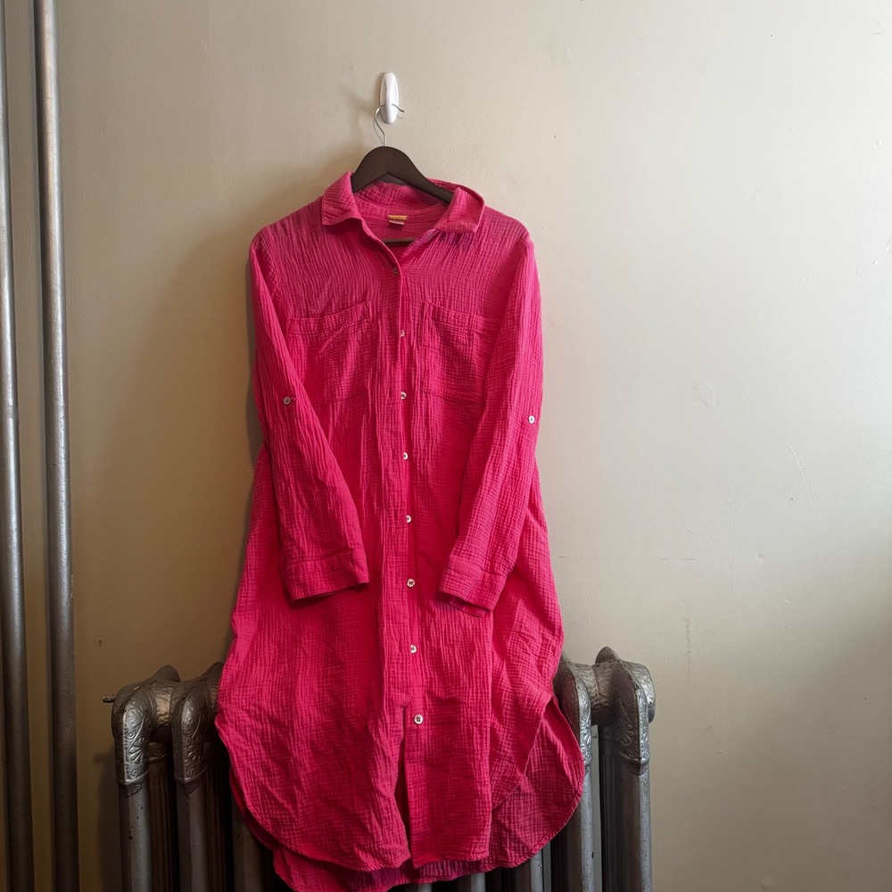 Magaschoni Hot Pink Organic Cotton Double Gauze Button Down Shirt Dress Large